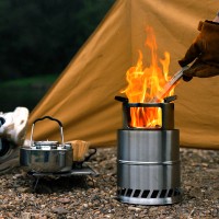 Portable Stainless Steel Round Wood Burning Stove, Outdoor Camping Picnic Stove, Charcoal & Solid Alcohol Stove (Small Size)